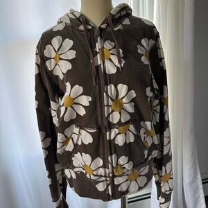 Large Lucky Brand brown hoodie with daisy print and green waffle interior.